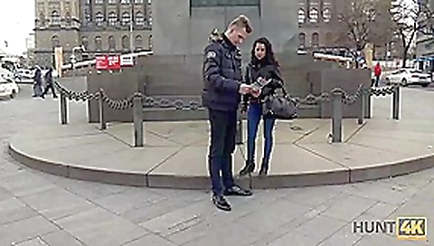 HUNT4K. Cameraman fucks comely brunette next to her grumpy cuckold