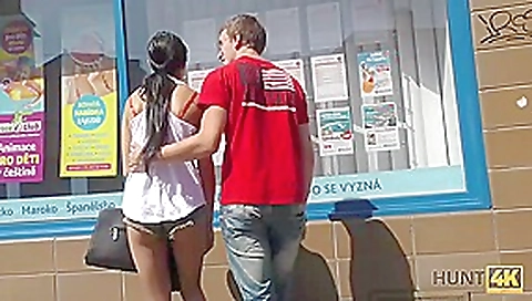 HUNT4K. Slim brunette fucked by guy in front of her nerdy cuckold